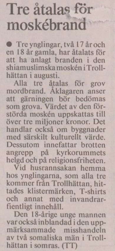 Sverigedemokraterna och moskébranden 1993
