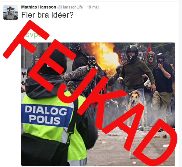 Bilden med ”riotdog” är inte från Sverige