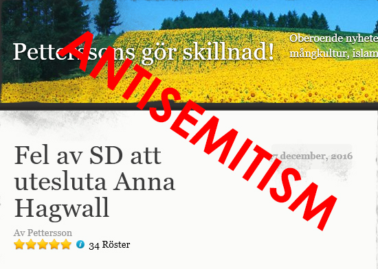 Petterssons blogg försvarar antisemiten Anna Hagwall