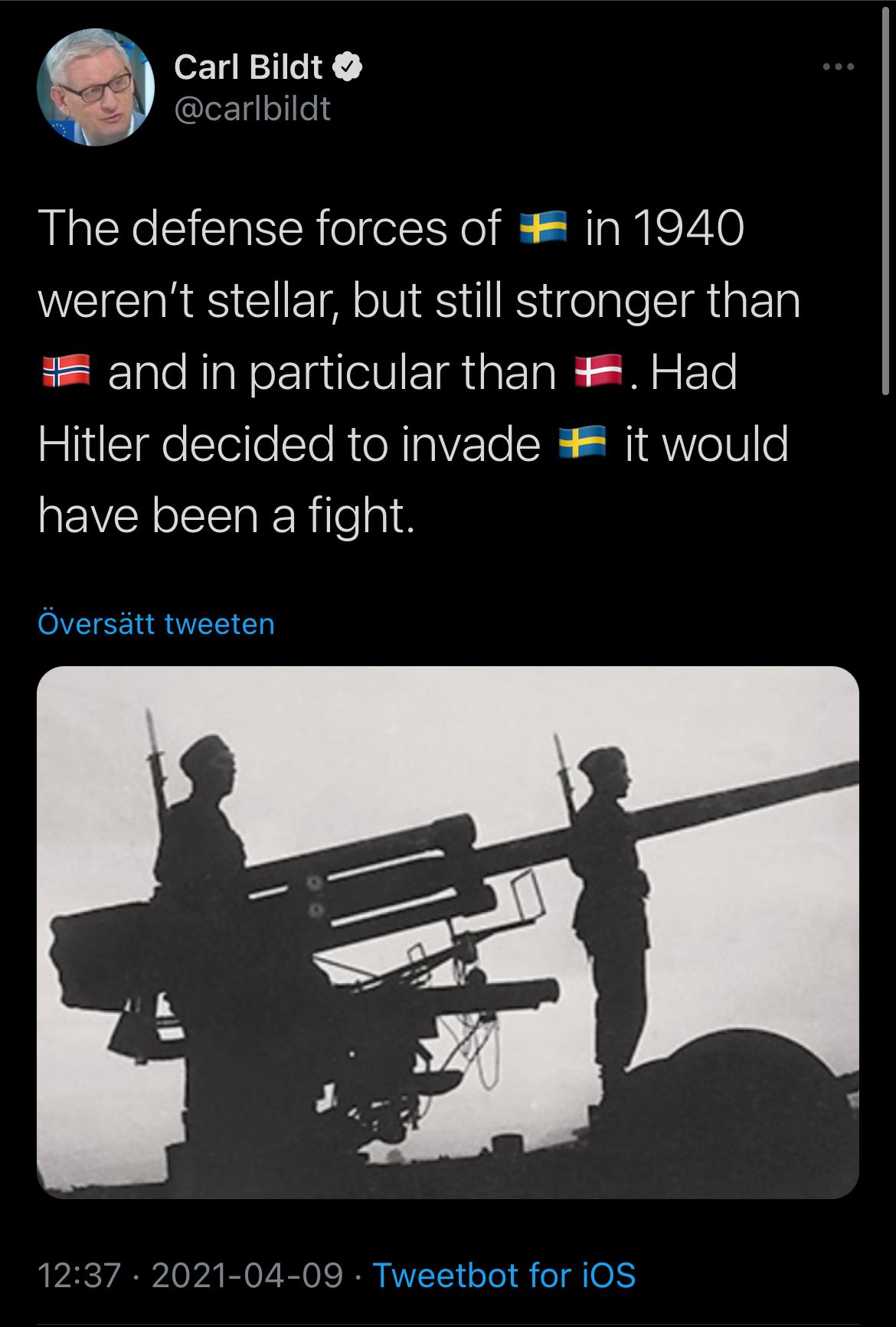 Carl Bildt dillar om det svenska beredskapen 1939